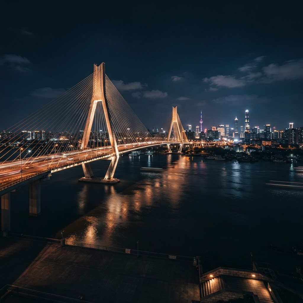 Illuminated cable-stayed bridge at night over water